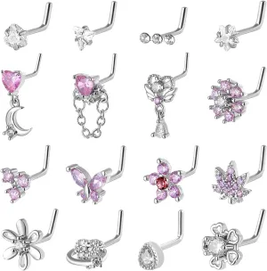 Nose Studs Piercing Jewellery for Women - 16Pcs L Shaped Butterfly/Love/Star/Petal Nose Rings Studs 316L Surgical Steel CZ Nose Screw Studs Body Jewellery for Women