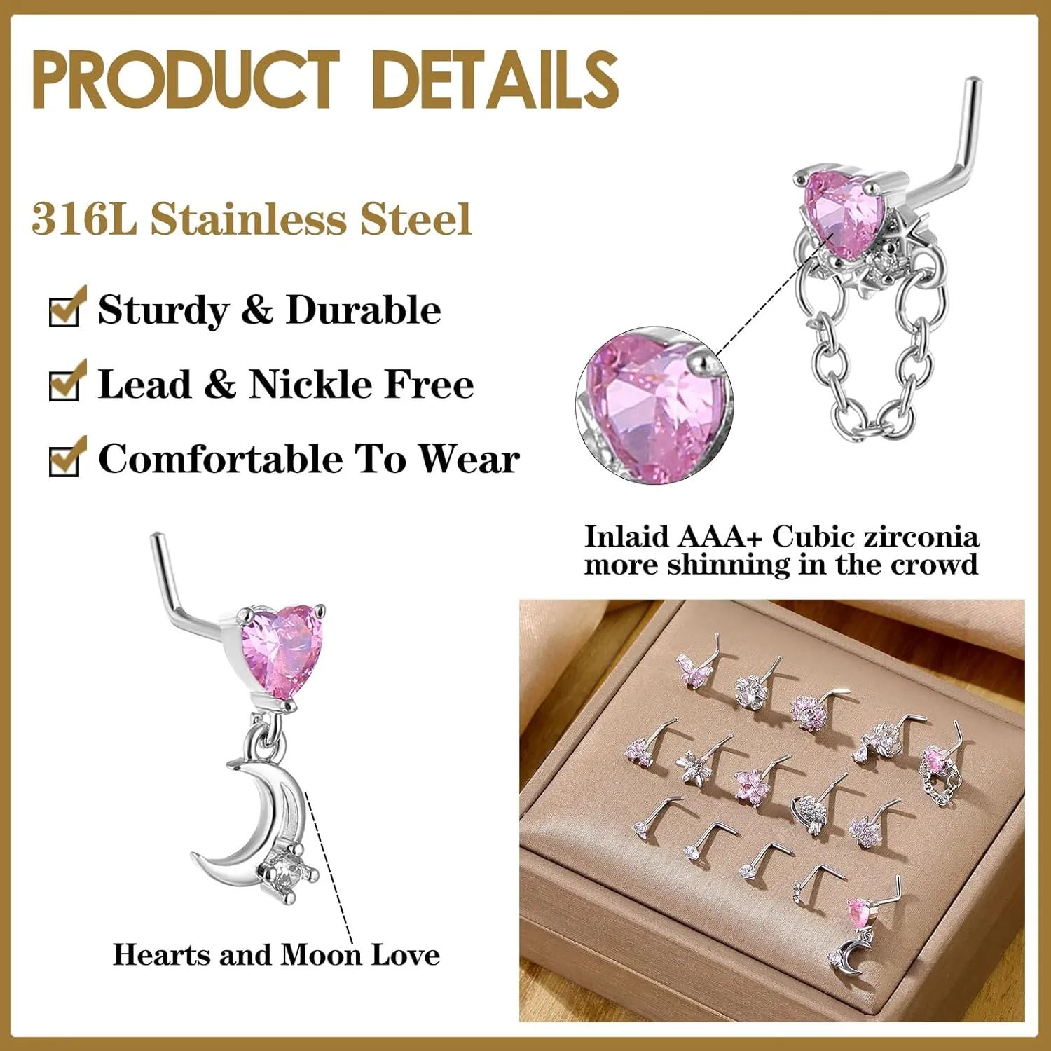 Nose Studs Piercing Jewellery for Women - 16Pcs L Shaped Butterfly/Love/Star/Petal Nose Rings Studs 316L Surgical Steel CZ Nose Screw Studs Body Jewellery for Women