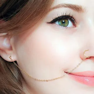 Nose to Ear Chain Gold Plated Nose Ring Studs Hypoallergenic Surgical Steel Nose Rings Retro Ear Hook Nose Hoop Nostril Piercing Jewelry for Women