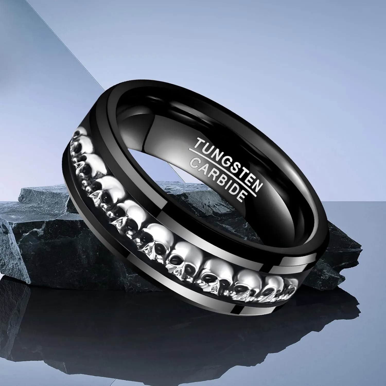NUNCAD Personalized Mens Rings Sterling Silver Skull Inlay Black/Silver Tungsten Carbide Band 8mm Gothic Demon Skeleton Engraved Band Viking Jewelry Gift Comfort Fit Size 8-13