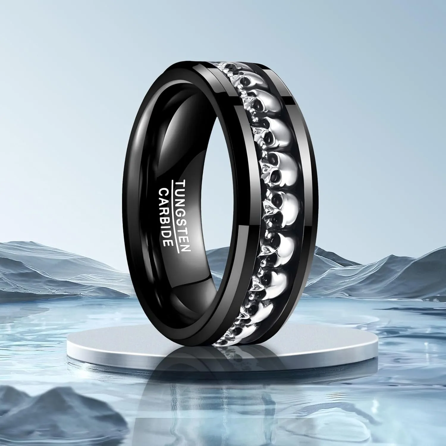 NUNCAD Personalized Mens Rings Sterling Silver Skull Inlay Black/Silver Tungsten Carbide Band 8mm Gothic Demon Skeleton Engraved Band Viking Jewelry Gift Comfort Fit Size 8-13