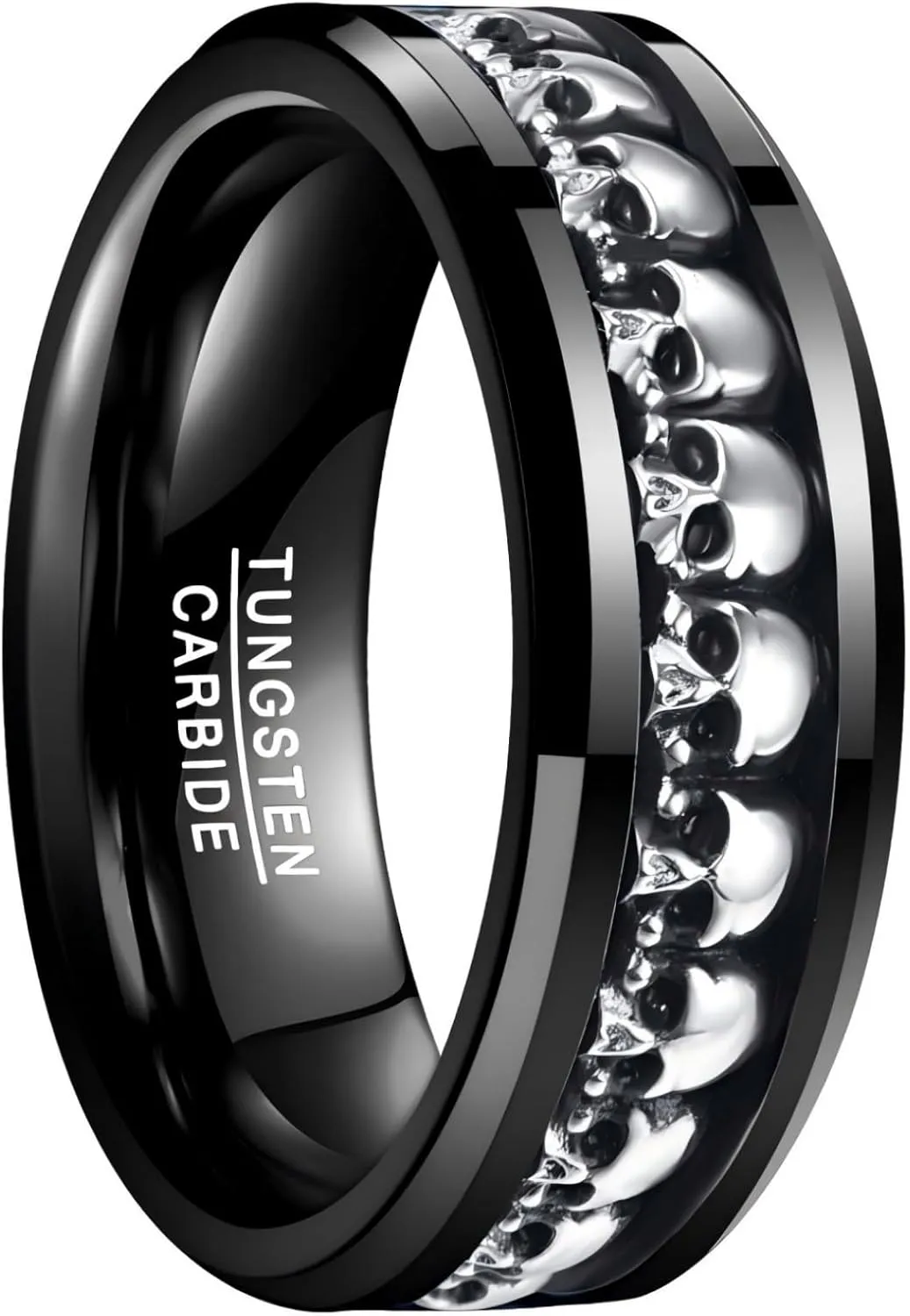 NUNCAD Personalized Mens Rings Sterling Silver Skull Inlay Black/Silver Tungsten Carbide Band 8mm Gothic Demon Skeleton Engraved Band Viking Jewelry Gift Comfort Fit Size 8-13