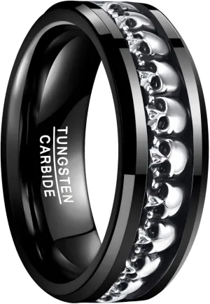 NUNCAD Personalized Mens Rings Sterling Silver Skull Inlay Black/Silver Tungsten Carbide Band 8mm Gothic Demon Skeleton Engraved Band Viking Jewelry Gift Comfort Fit Size 8-13