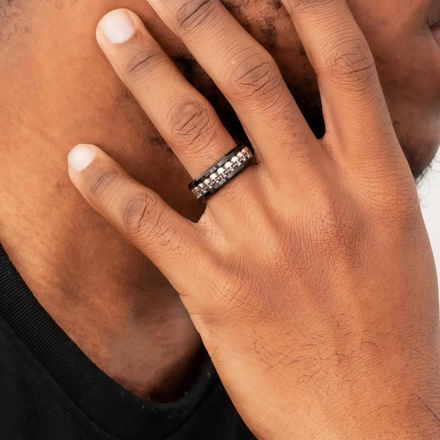 NUNCAD Personalized Mens Rings Sterling Silver Skull Inlay Black/Silver Tungsten Carbide Band 8mm Gothic Demon Skeleton Engraved Band Viking Jewelry Gift Comfort Fit Size 8-13