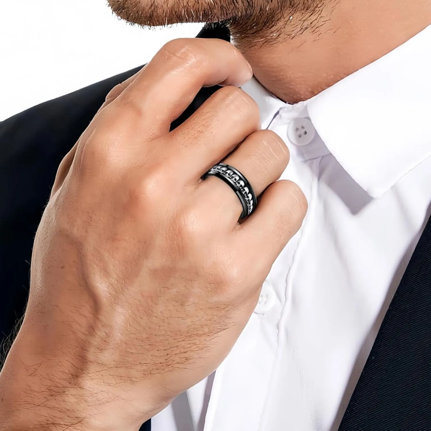 NUNCAD Personalized Mens Rings Sterling Silver Skull Inlay Black/Silver Tungsten Carbide Band 8mm Gothic Demon Skeleton Engraved Band Viking Jewelry Gift Comfort Fit Size 8-13