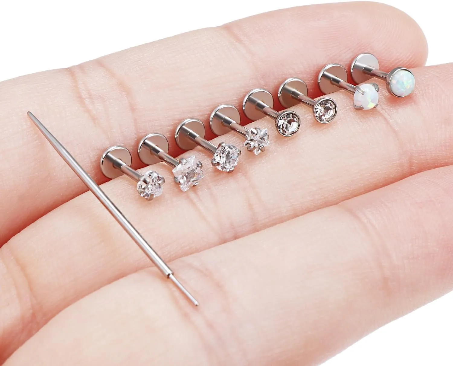 Ocptiy 18G 20G 16G Push in Flat Back Nose Rings Studs Surgical Steel Theadless Stud Earrings Cartilage Ear Piercings Helix Tragus Earrings Barbell 6mm 7mm 8mm Lenght Diamond 3mm