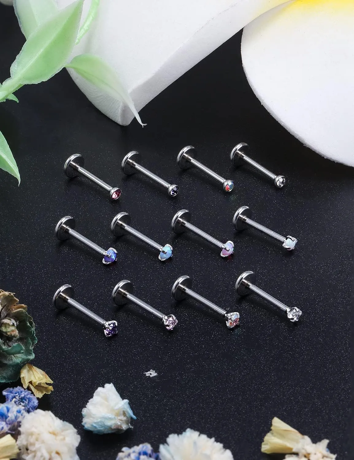 Ocptiy 18G 20G Push in Theadless Nose Rings Studs Hypoallergenic Surgical Steel Cartilage Tragus Helix Earrings Stud Lip labret Monroe Medusa Piercings Jewelry 6mm 7mm 8mm Bar Lenght Diamond 3mm
