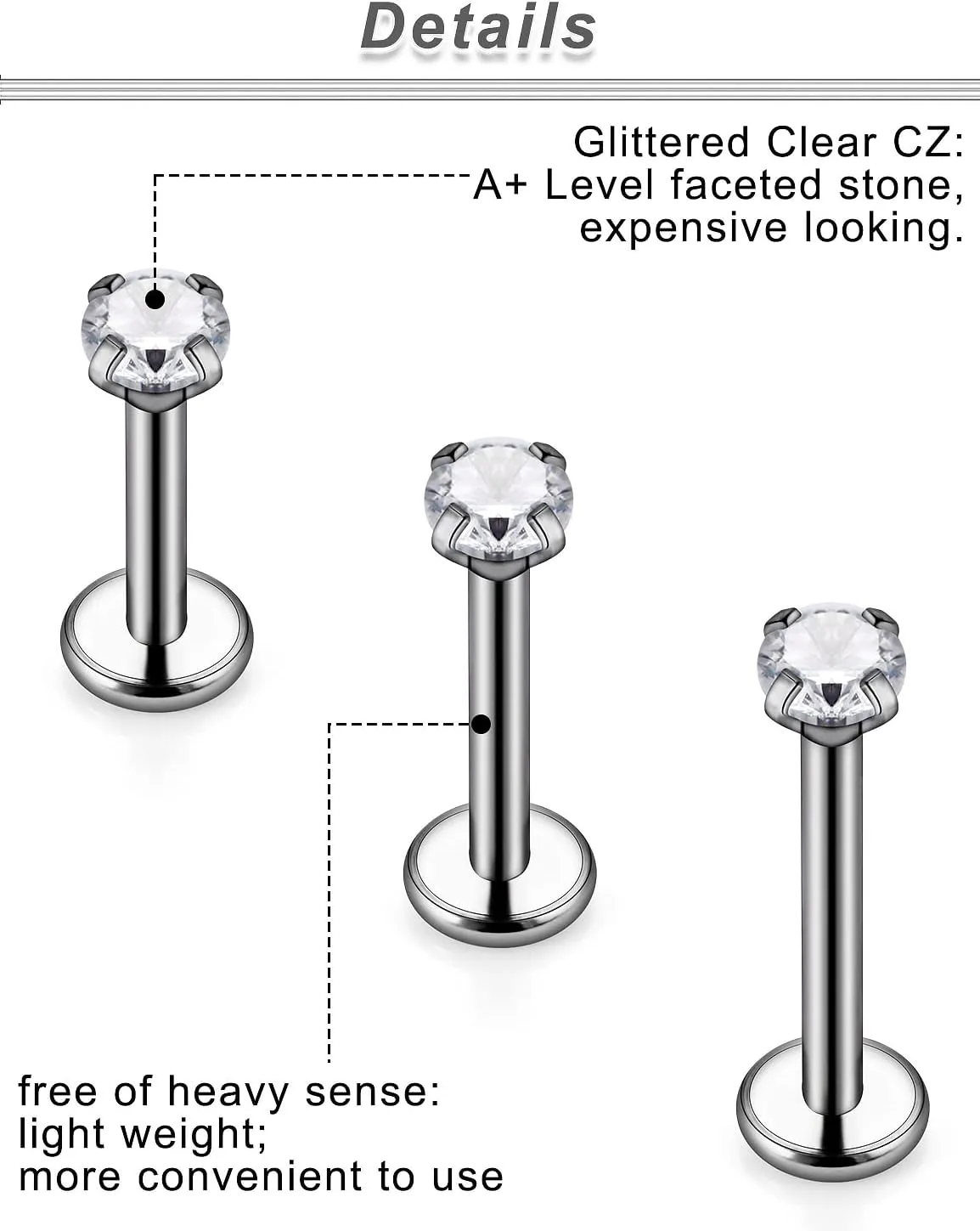 Ocptiy 20G 18G 16G Titanium Flat Back Nose Rings Studs Hypoallergenic Lip Labret Monroe Medusa Internally threaded Tragus Cartilage Helix Earrings Studs Piercing Jewelry for Women Men 6mm 8mm 10mm