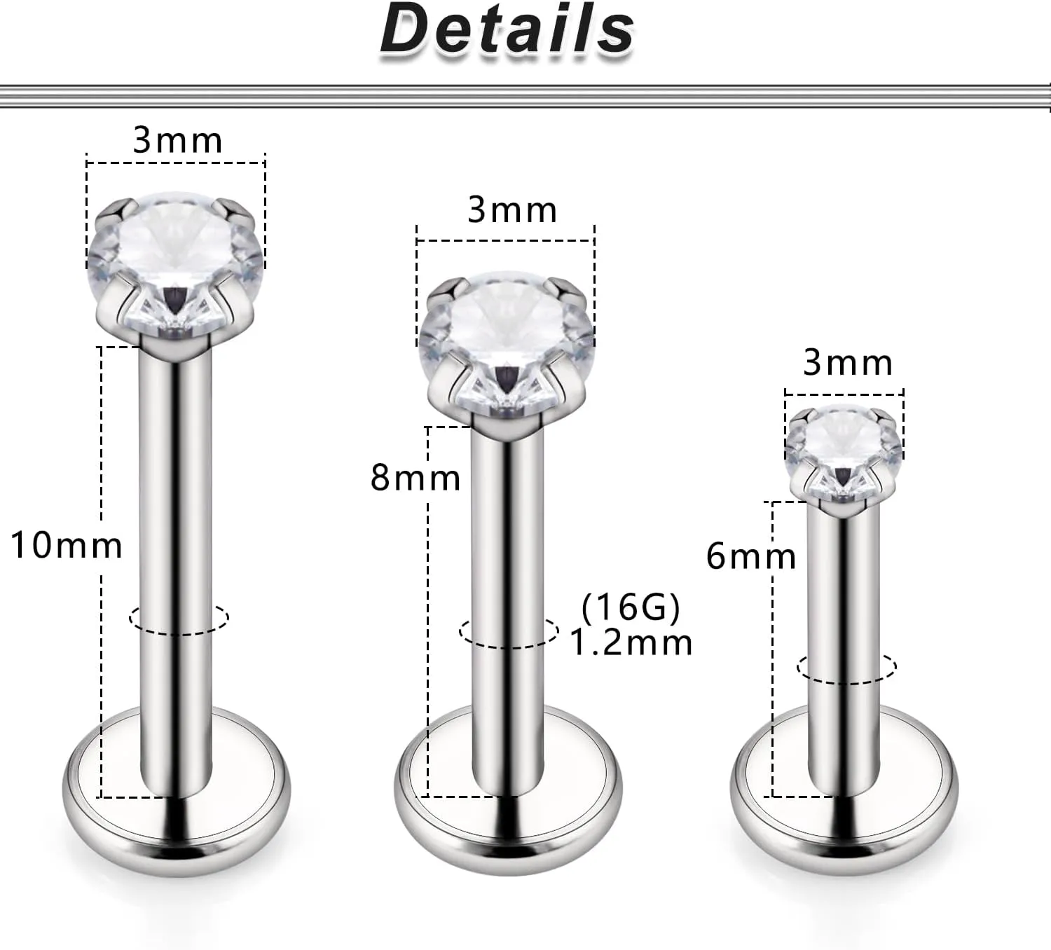 Ocptiy 20G 18G 16G Titanium Flat Back Nose Rings Studs Hypoallergenic Lip Labret Monroe Medusa Internally threaded Tragus Cartilage Helix Earrings Studs Piercing Jewelry for Women Men 6mm 8mm 10mm