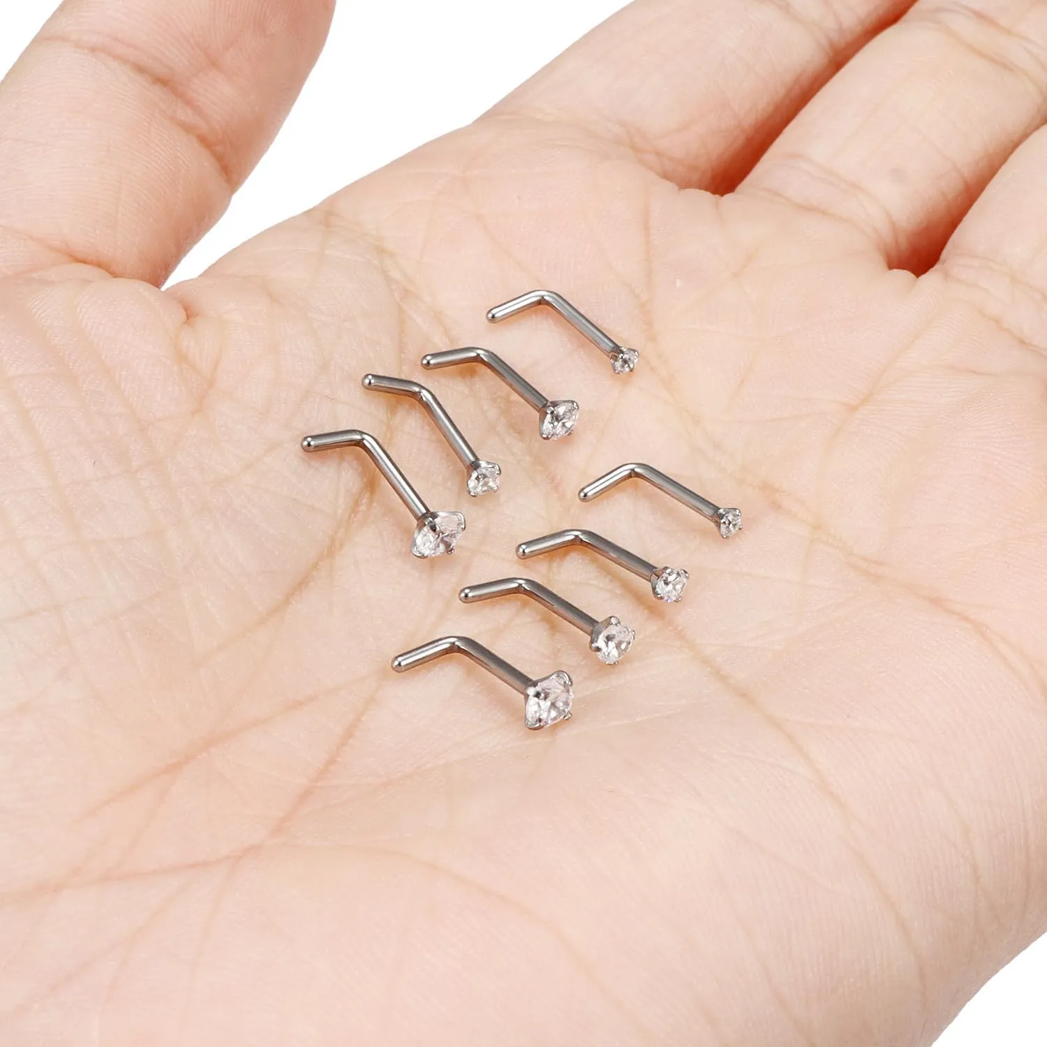 Ocptiy 22G 20G 18G Titanium Nose Rings Studs Hypoallergenic L Shaped Diamond Stud Nose Ring Medical Implant Grade Surgical Steel Nose Nostril Rings Piercing Jewelry for Women Men 3mm