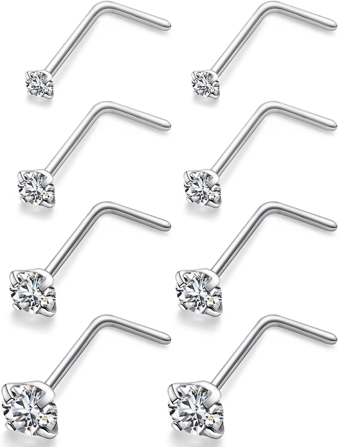 Ocptiy 22G 20G 18G Titanium Nose Rings Studs Hypoallergenic L Shaped Diamond Stud Nose Ring Medical Implant Grade Surgical Steel Nose Nostril Rings Piercing Jewelry for Women Men 3mm
