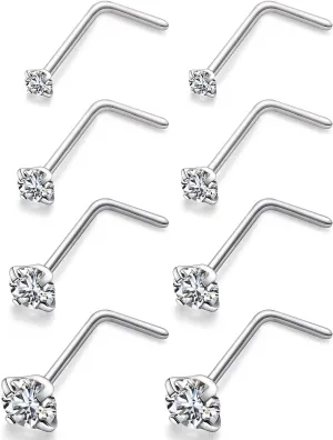 Ocptiy 22G 20G 18G Titanium Nose Rings Studs Hypoallergenic L Shaped Diamond Stud Nose Ring Medical Implant Grade Surgical Steel Nose Nostril Rings Piercing Jewelry for Women Men 3mm