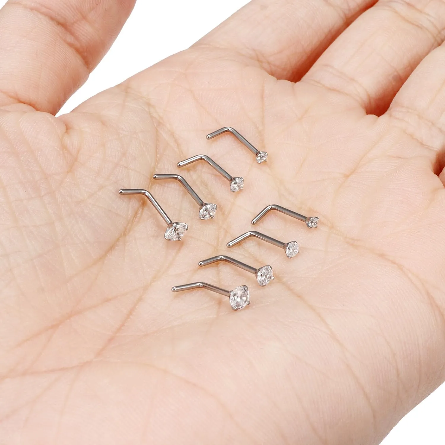 Ocptiy 22G 20G 18G Titanium Nose Rings Studs Hypoallergenic L Shaped Diamond Stud Nose Ring Medical Implant Grade Surgical Steel Nose Nostril Rings Piercing Jewelry for Women Men 3mm