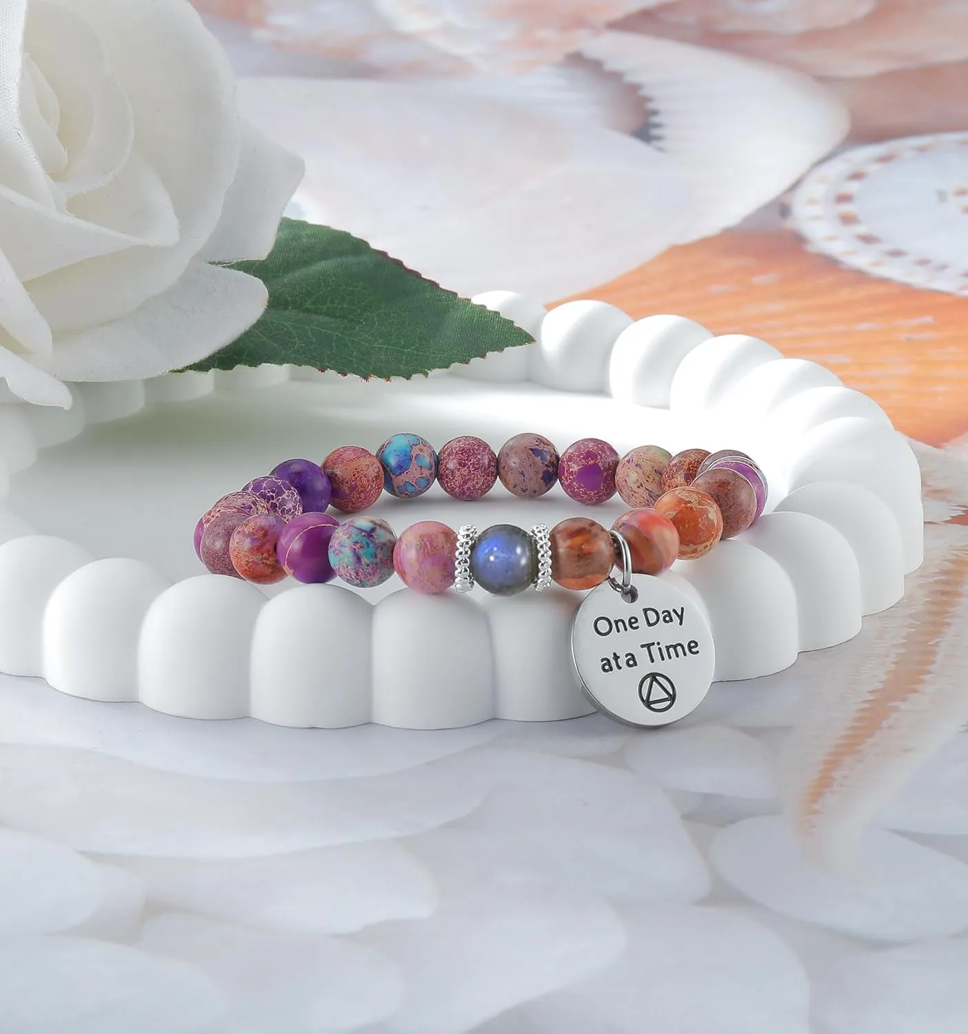 One Day at A Time Healing Bracelets for Women Sobriety Gifts Purple Natural Emperor Moonstone Spiritual Bracelets for Women