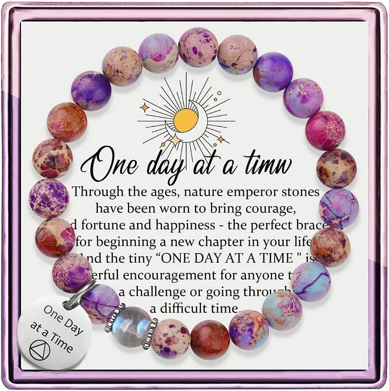 One Day at A Time Healing Bracelets for Women Sobriety Gifts Purple Natural Emperor Moonstone Spiritual Bracelets for Women
