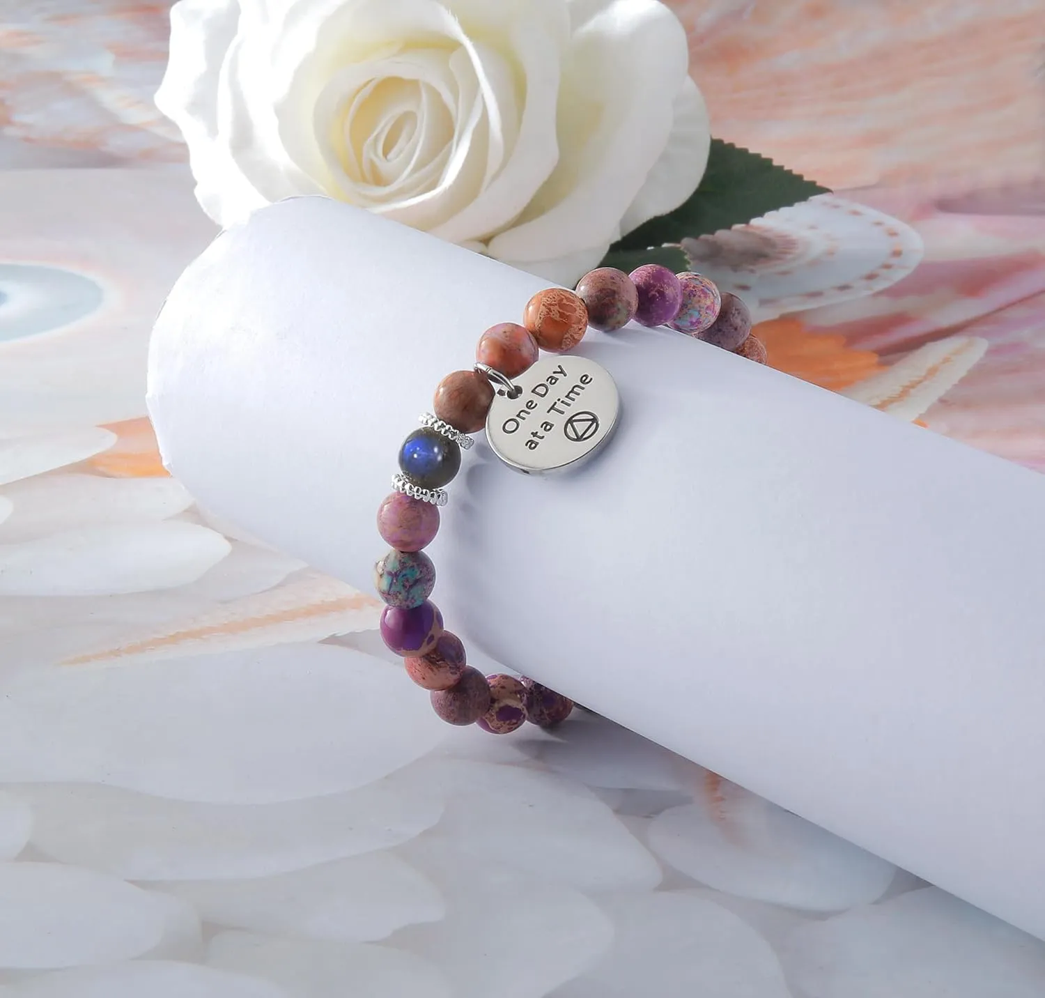 One Day at A Time Healing Bracelets for Women Sobriety Gifts Purple Natural Emperor Moonstone Spiritual Bracelets for Women