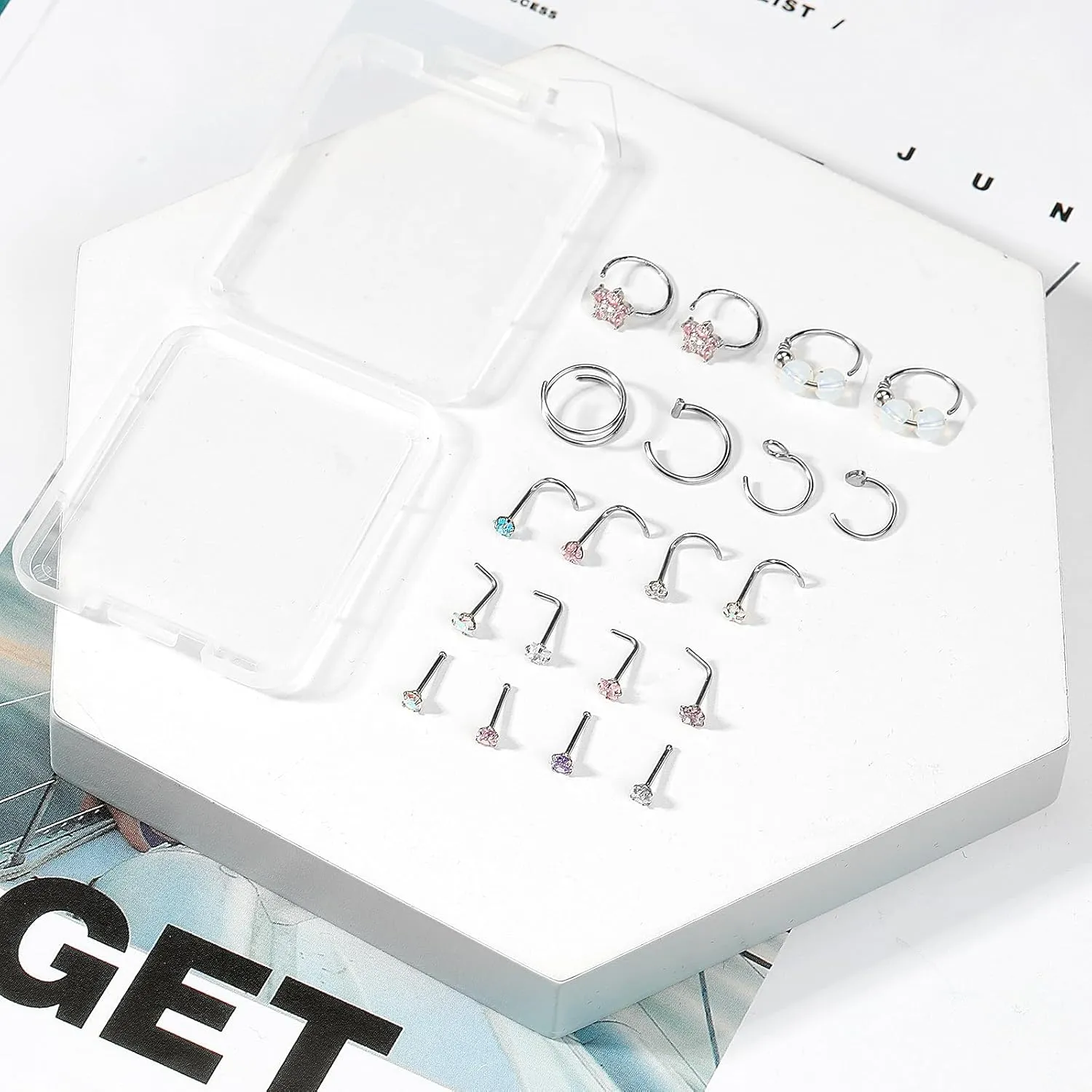 ONESING 27-60 Pcs Nose Rings for Women Nose Piercing Jewelry Silver Nose Rings Studs 20G Surgical Nose Rings Hoops Nose Rings L Shaped Studs Screw Stainless Steel Nose Piercings for Women Men