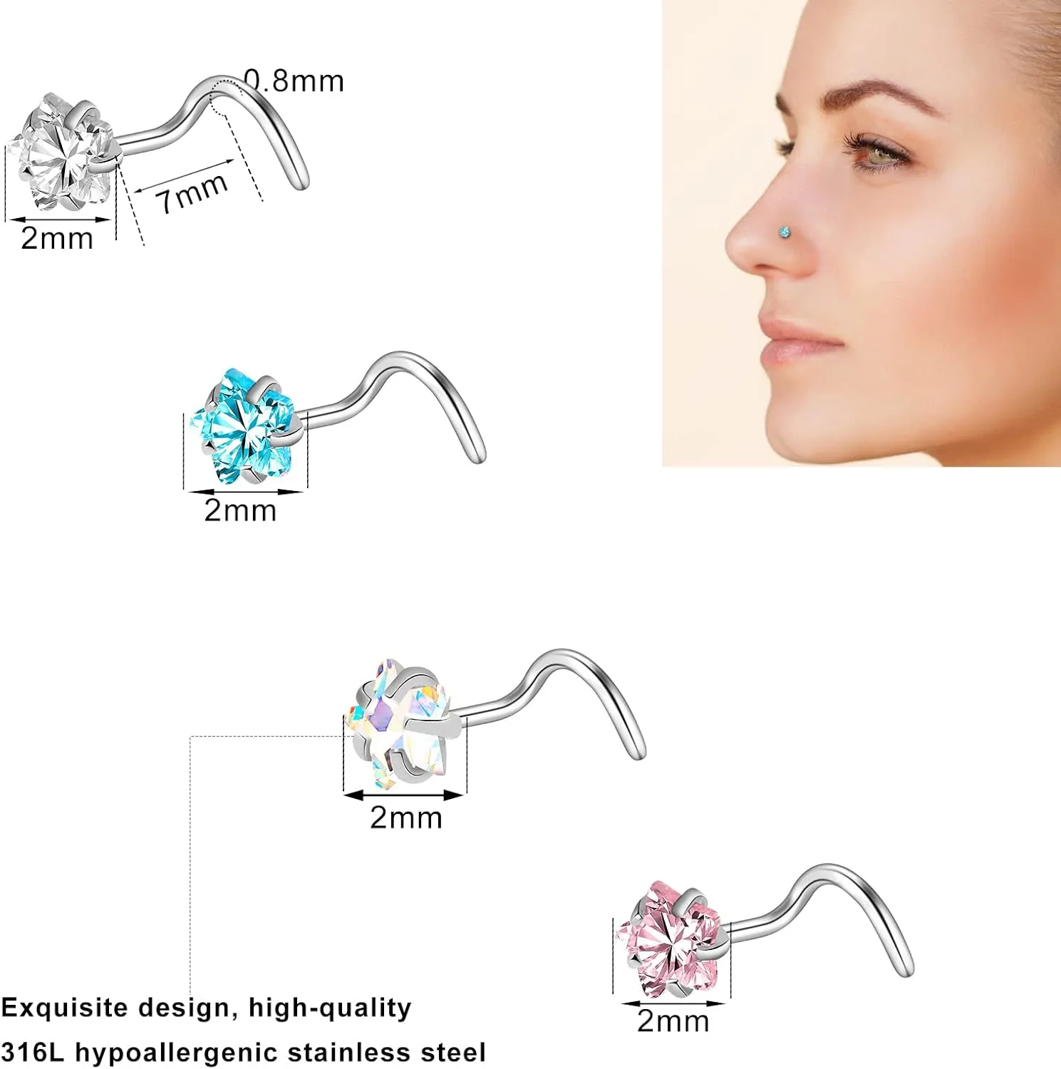 ONESING 27-60 Pcs Nose Rings for Women Nose Piercing Jewelry Silver Nose Rings Studs 20G Surgical Nose Rings Hoops Nose Rings L Shaped Studs Screw Stainless Steel Nose Piercings for Women Men