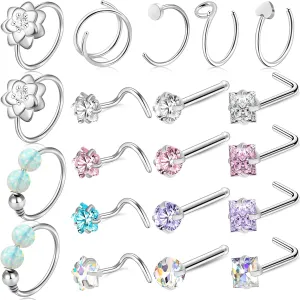ONESING 27-60 Pcs Nose Rings for Women Nose Piercing Jewelry Silver Nose Rings Studs 20G Surgical Nose Rings Hoops Nose Rings L Shaped Studs Screw Stainless Steel Nose Piercings for Women Men