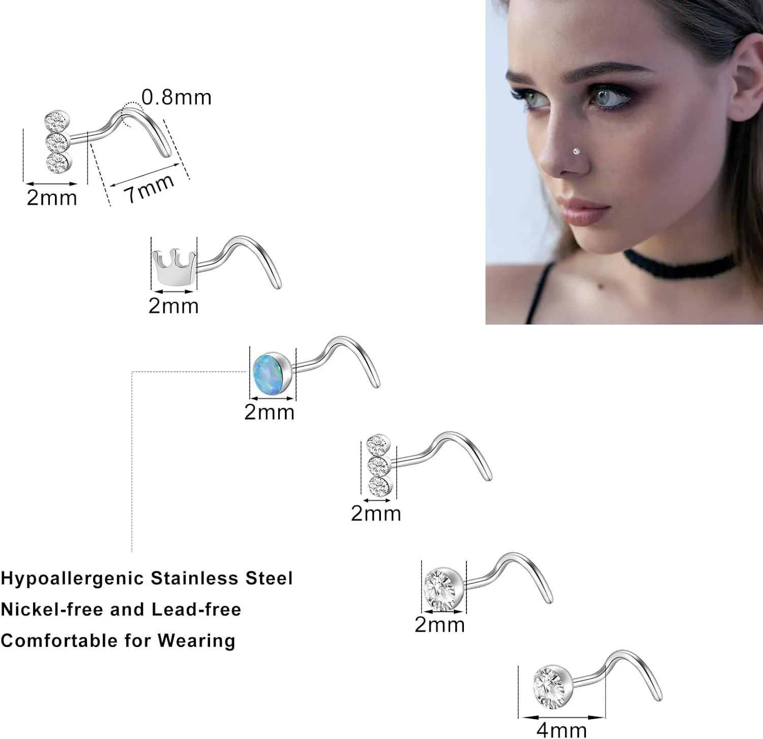 ONESING 27-60 Pcs Nose Rings for Women Nose Piercing Jewelry Silver Nose Rings Studs 20G Surgical Nose Rings Hoops Nose Rings L Shaped Studs Screw Stainless Steel Nose Piercings for Women Men