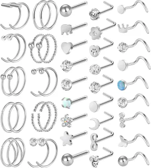 ONESING 27-60 Pcs Nose Rings for Women Nose Piercing Jewelry Silver Nose Rings Studs 20G Surgical Nose Rings Hoops Nose Rings L Shaped Studs Screw Stainless Steel Nose Piercings for Women Men