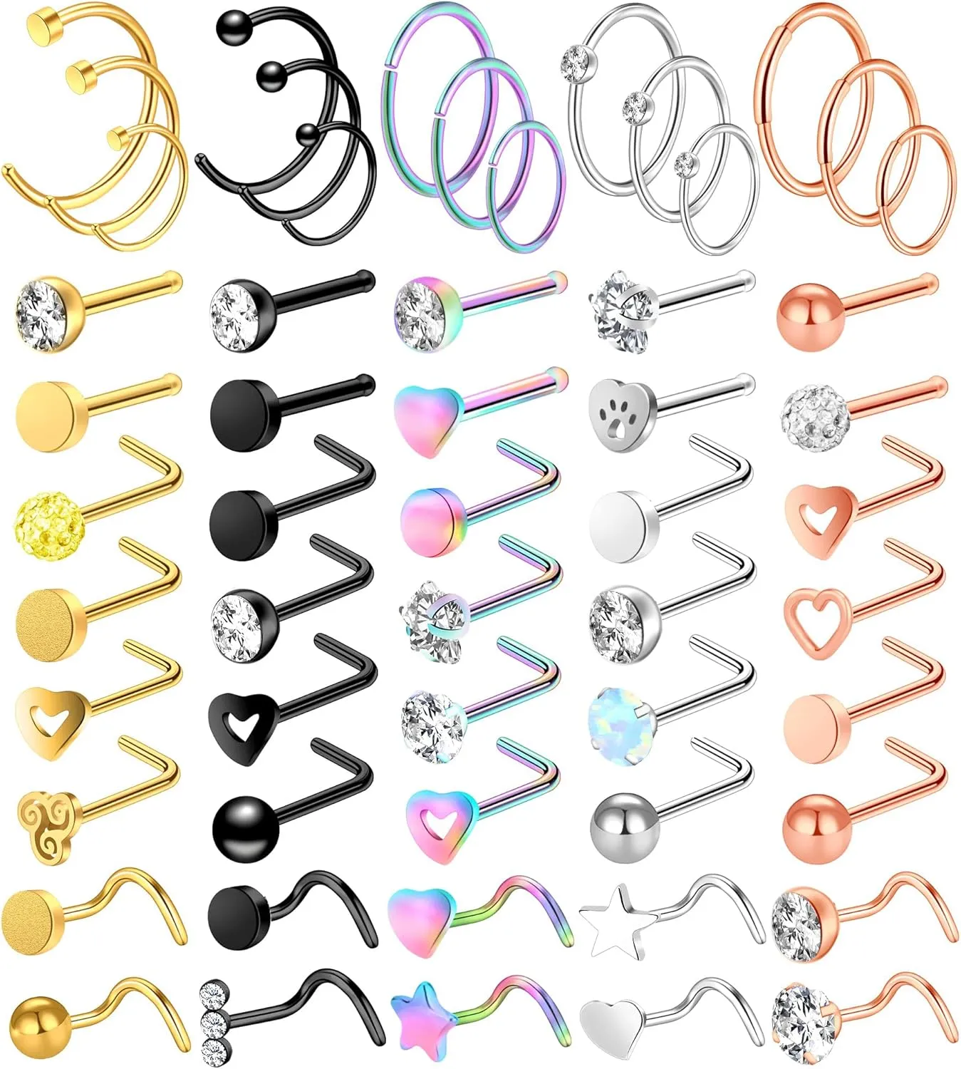 ONESING 32-55 Pcs 20G Nose Rings Hoops & Studs - L Shape, CZ, Stainless Steel Body Piercing Jewelry