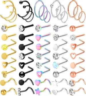 ONESING 32-55 Pcs 20G Nose Rings Hoops & Studs - L Shape, CZ, Stainless Steel Body Piercing Jewelry