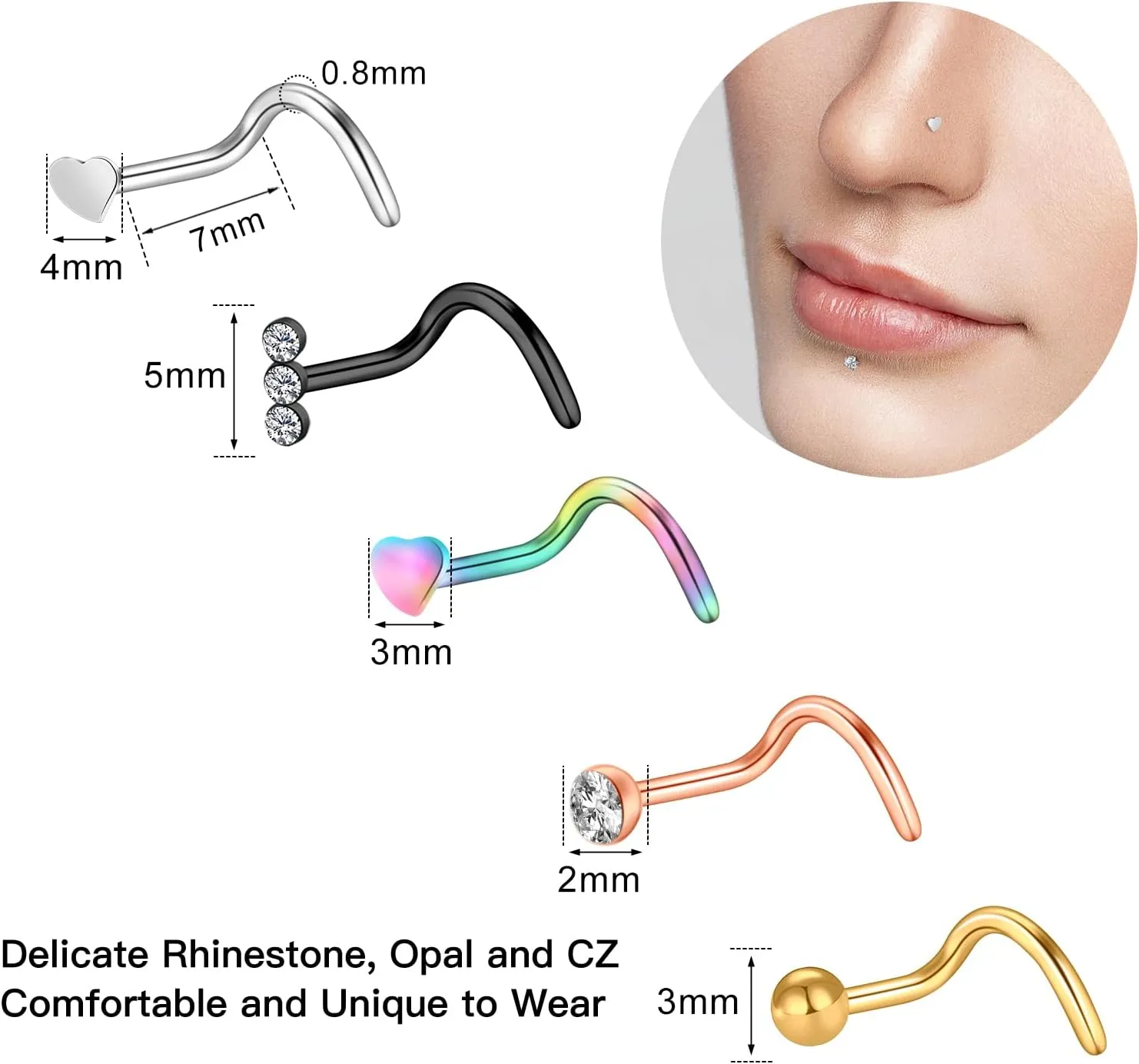 ONESING 32-55 Pcs 20G Nose Rings Hoops & Studs - L Shape, CZ, Stainless Steel Body Piercing Jewelry