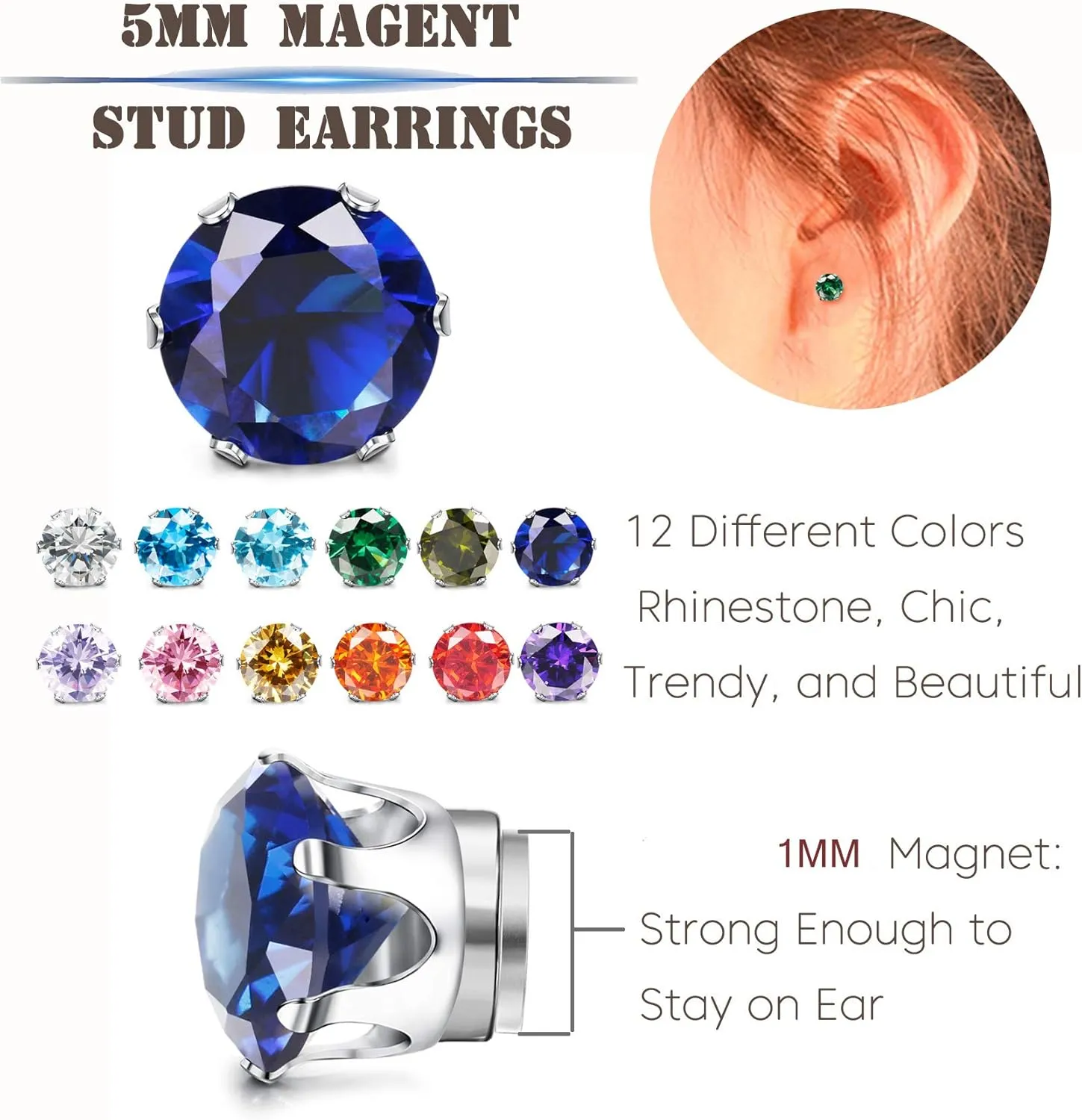 ORAZIO 12 Pairs Magnetic Stud Earrings for Men Women Non-piercing Rhinestone Magnet Earrings Stainless Steel Magnetic Clip on Nose Stud Earrings Set