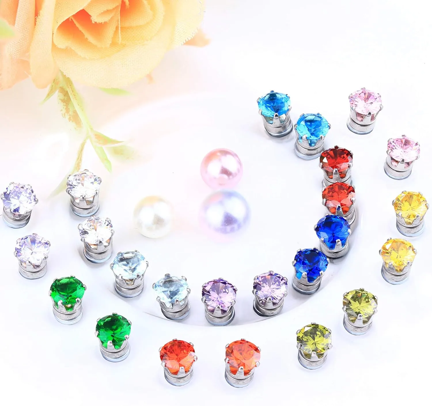 ORAZIO 12 Pairs Magnetic Stud Earrings for Men Women Non-piercing Rhinestone Magnet Earrings Stainless Steel Magnetic Clip on Nose Stud Earrings Set