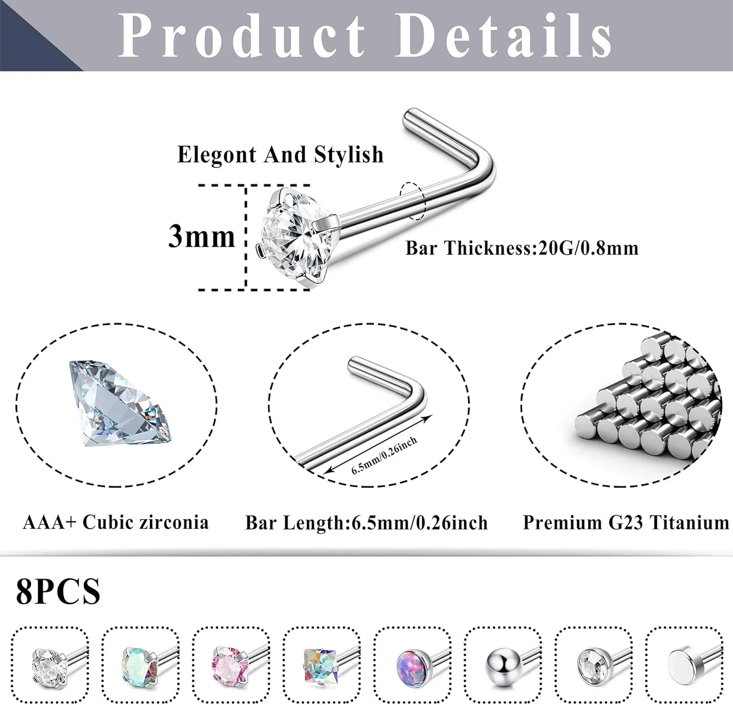 ORAZIO 8Pcs G23 Titanium Nose Ring Studs 20G L Shaped Nose Studs for Women Tiny Nose Rings Multicolored CZ Titanium Nose Stud L Shaped Simple Silver Nostril Piercing Cute Nose Piercing Jewerly for Women Men