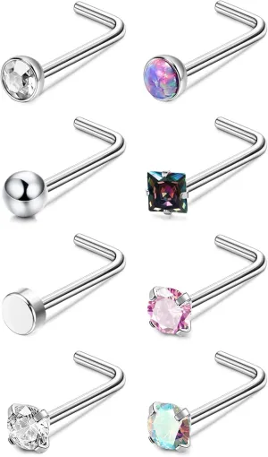 ORAZIO 8Pcs G23 Titanium Nose Ring Studs 20G L Shaped Nose Studs for Women Tiny Nose Rings Multicolored CZ Titanium Nose Stud L Shaped Simple Silver Nostril Piercing Cute Nose Piercing Jewerly for Women Men