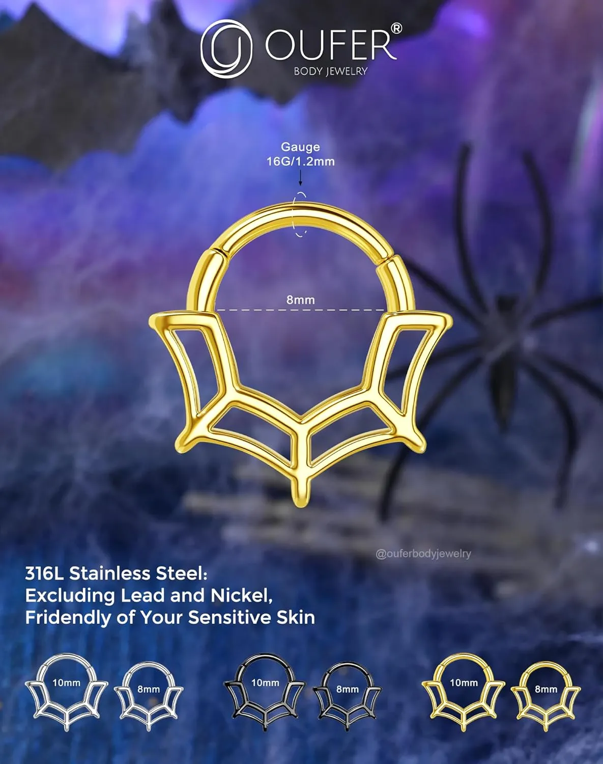 OUFER 16G Spider Web Septum Jewelry, Halloween Daith Piercing Jewelry, 316L Surgical Steel Daith Helix Earrings For Women, Men's Septum Nose Rings