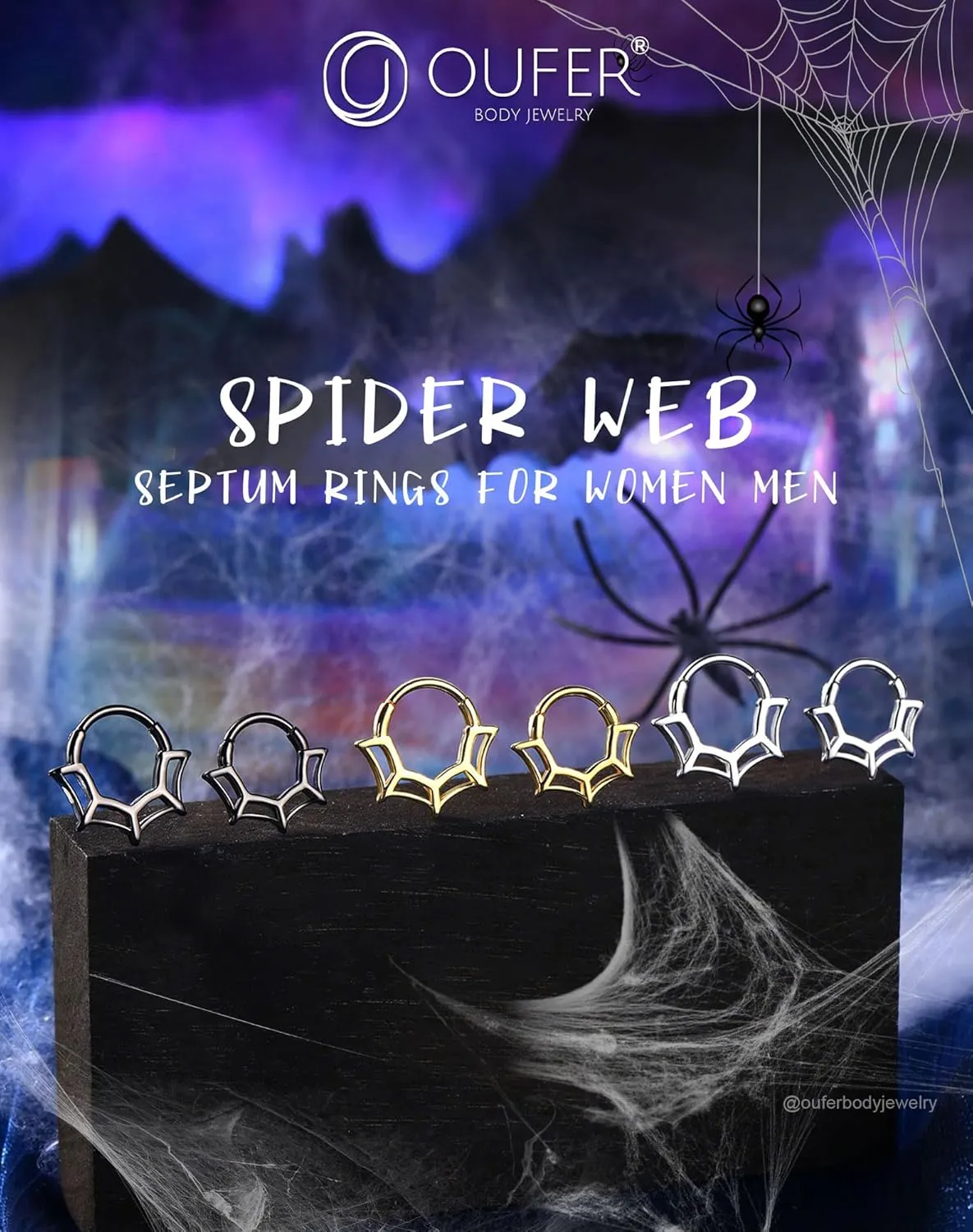 OUFER 16G Spider Web Septum Jewelry, Halloween Daith Piercing Jewelry, 316L Surgical Steel Daith Helix Earrings For Women, Men's Septum Nose Rings