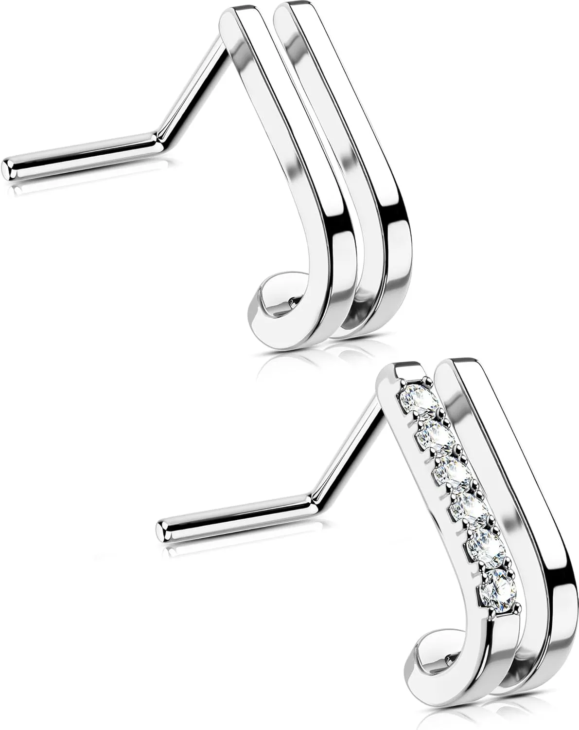 OUFER 2PCS Nose Rings Studs, Surgical Steel 20G Nose Rings L-shape, Double Rows Design Clear CZ Nose Nostril Piercing Jewelry Nose Rings for Women Men-7.2MM, Silver, O-NS0076-7-2PCS