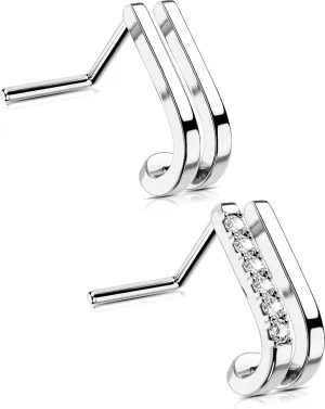 OUFER 2PCS Nose Rings Studs, Surgical Steel 20G Nose Rings L-shape, Double Rows Design Clear CZ Nose Nostril Piercing Jewelry Nose Rings for Women Men-7.2MM, Silver, O-NS0076-7-2PCS