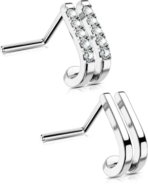 OUFER 2Pcs Nose Studs, Fancy Unique Double Rows 20G Nose Rings Studs L-shaped Sparkling CZ Stainless Steel Small Tiny Silver Nose Ring Stud for Women Men-7MM