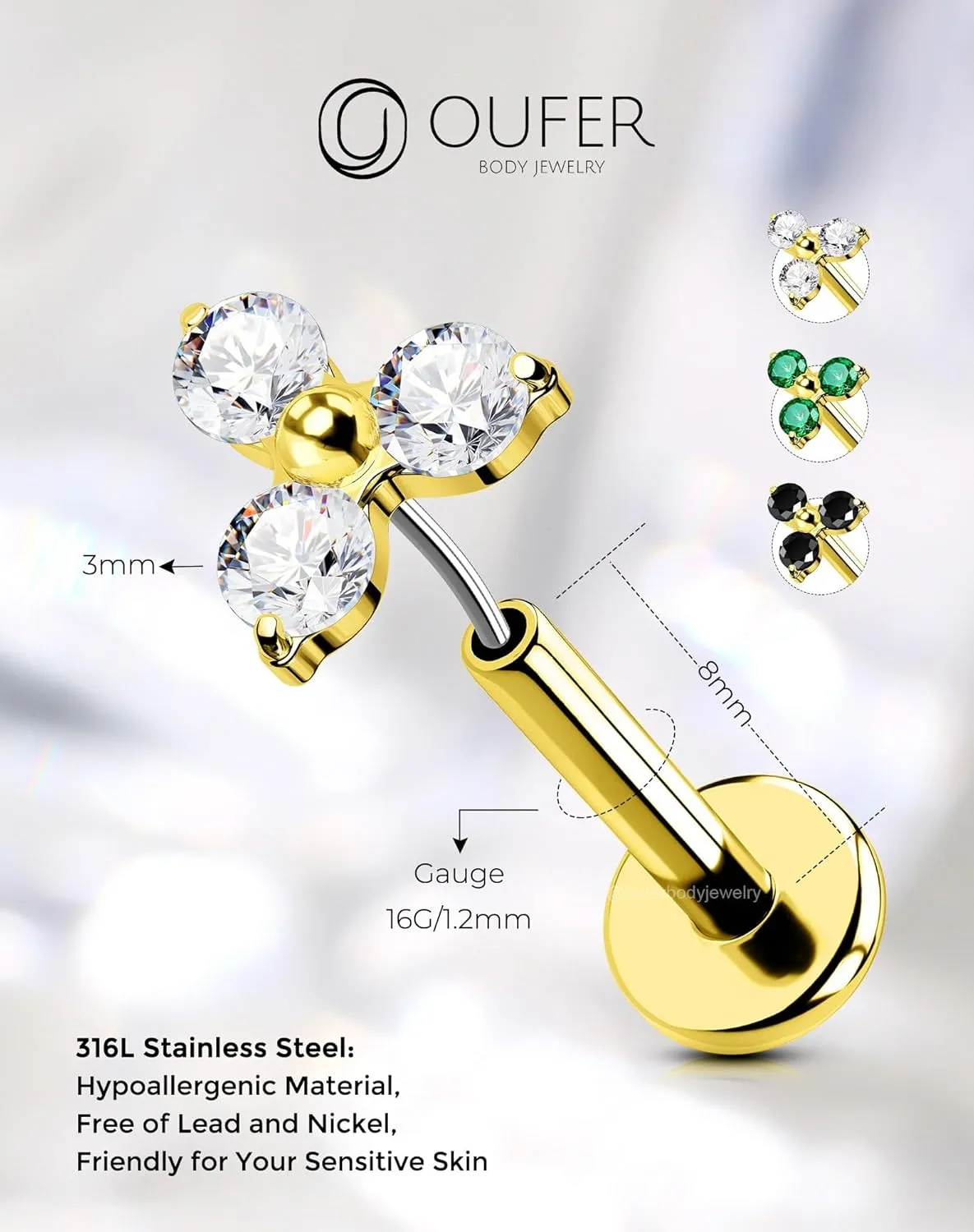 OUFER 316L Surgical Steel 16G Push-In Threadless Gold Cartilage Helix Earrings, Colorful CZ Flat Back Tragus Lobe Piercing Jewelry for Women Men