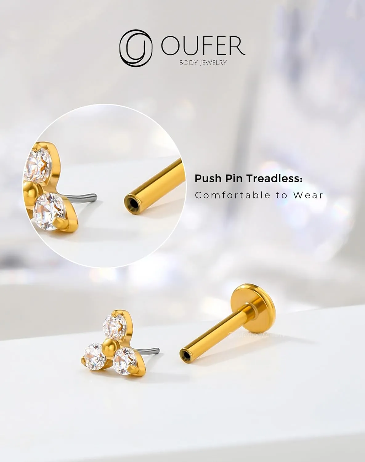 OUFER 316L Surgical Steel 16G Push-In Threadless Gold Cartilage Helix Earrings, Colorful CZ Flat Back Tragus Lobe Piercing Jewelry for Women Men