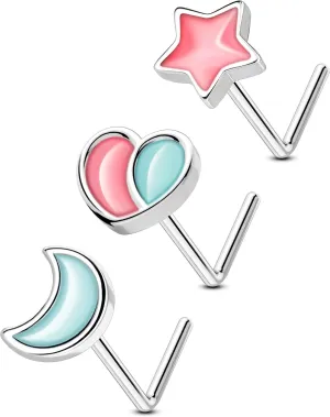 OUFER 3PCS 20G Nose Rings For Women, Heart Moon Star L-shaped Nose Studs, Blue and Pink Nose Nostril Piercing Jewelry -7MM