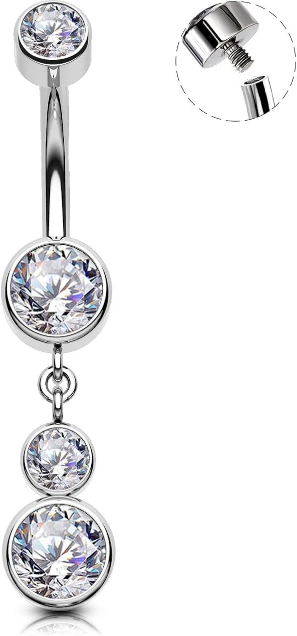 OUFER Belly Button Rings, 14G Round Clear CZ Pendant Belly Button Piercing, G23 Solid Titanium Internally Threaded Belly Piercing Jewelry, Navel Piercing Jewelry For Women