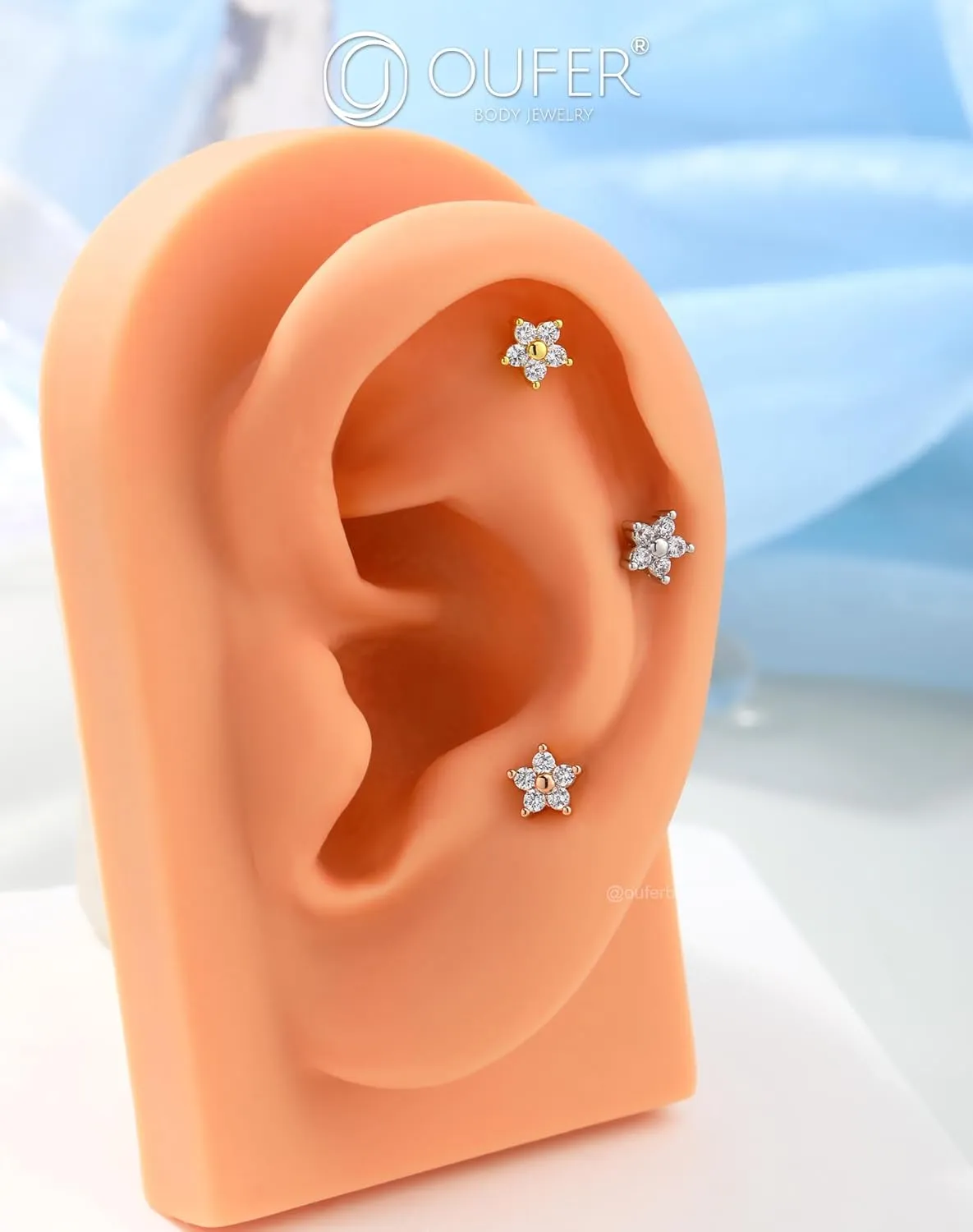 OUFER Cartilage Piercing Jewelry, Stainless Steel 16G Cartilage Earring Flat Back, Internally Threaded Lip Labret Rings Studs, Big 5MM Floral CZ Cartilage Helix Tragus Earrings for Women Men
