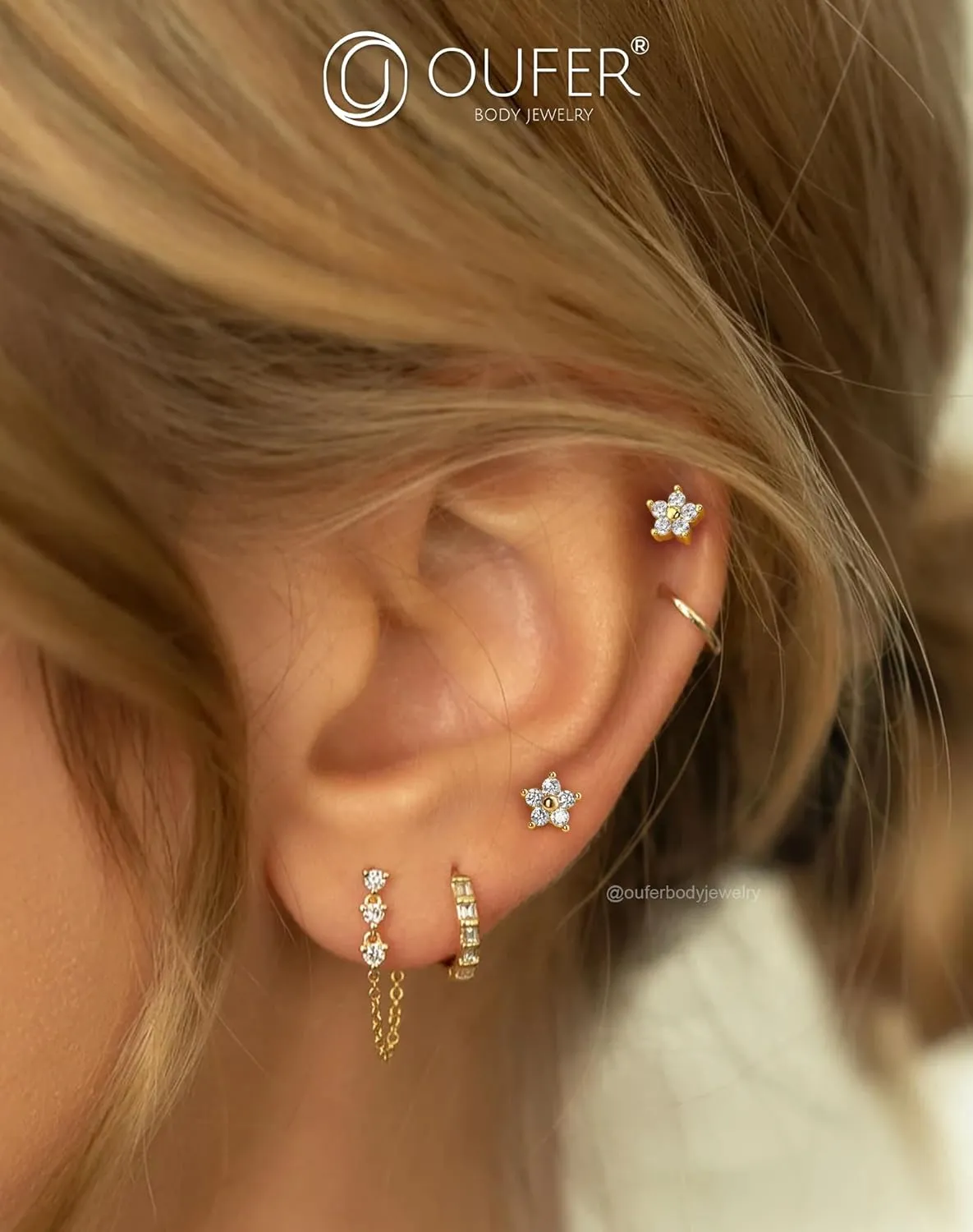 OUFER Cartilage Piercing Jewelry, Stainless Steel 16G Cartilage Earring Flat Back, Internally Threaded Lip Labret Rings Studs, Big 5MM Floral CZ Cartilage Helix Tragus Earrings for Women Men