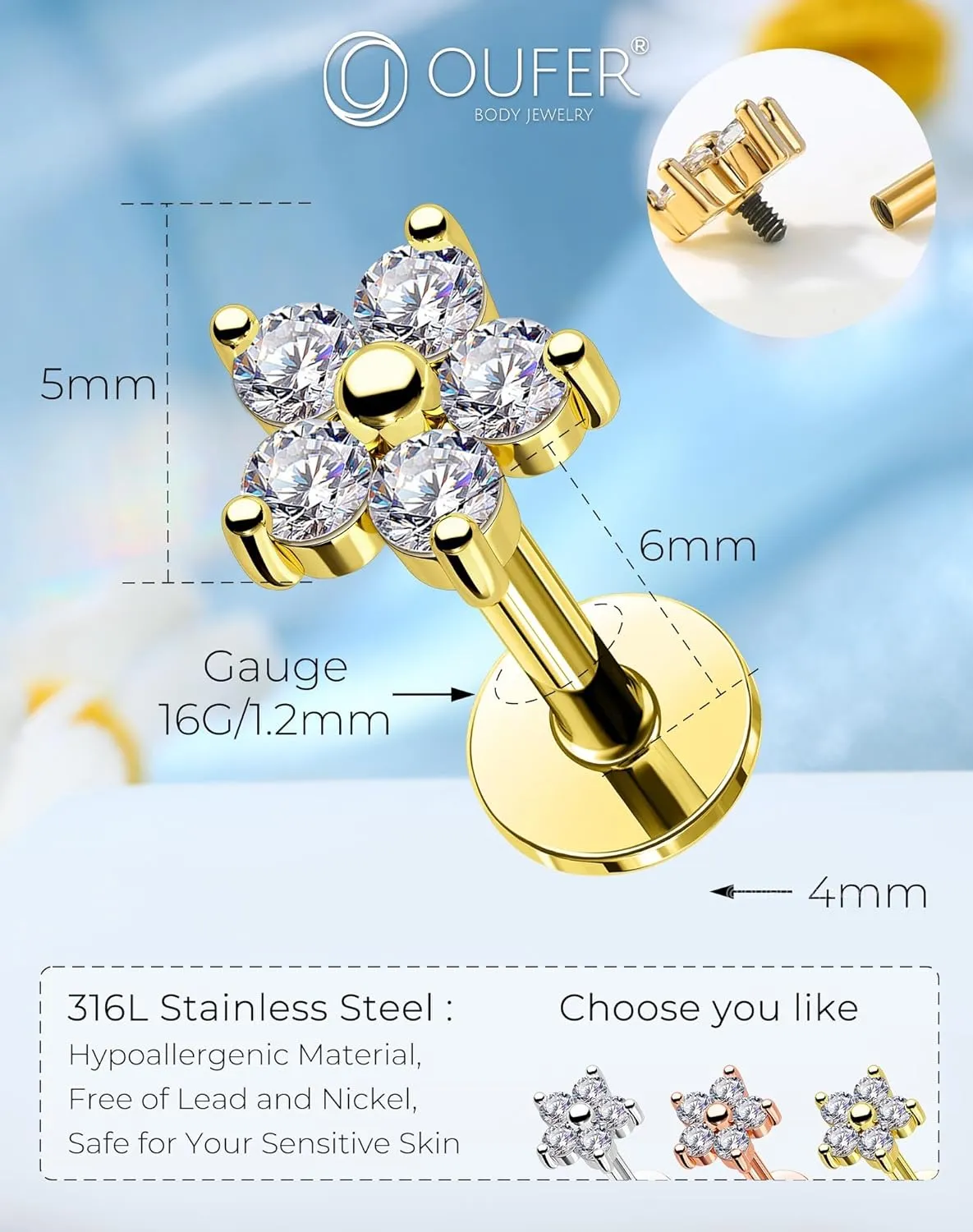 OUFER Cartilage Piercing Jewelry, Stainless Steel 16G Cartilage Earring Flat Back, Internally Threaded Lip Labret Rings Studs, Big 5MM Floral CZ Cartilage Helix Tragus Earrings for Women Men