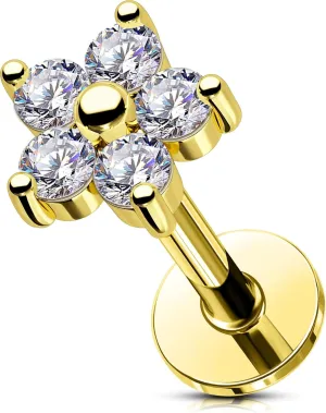OUFER Cartilage Piercing Jewelry, Stainless Steel 16G Cartilage Earring Flat Back, Internally Threaded Lip Labret Rings Studs, Big 5MM Floral CZ Cartilage Helix Tragus Earrings for Women Men