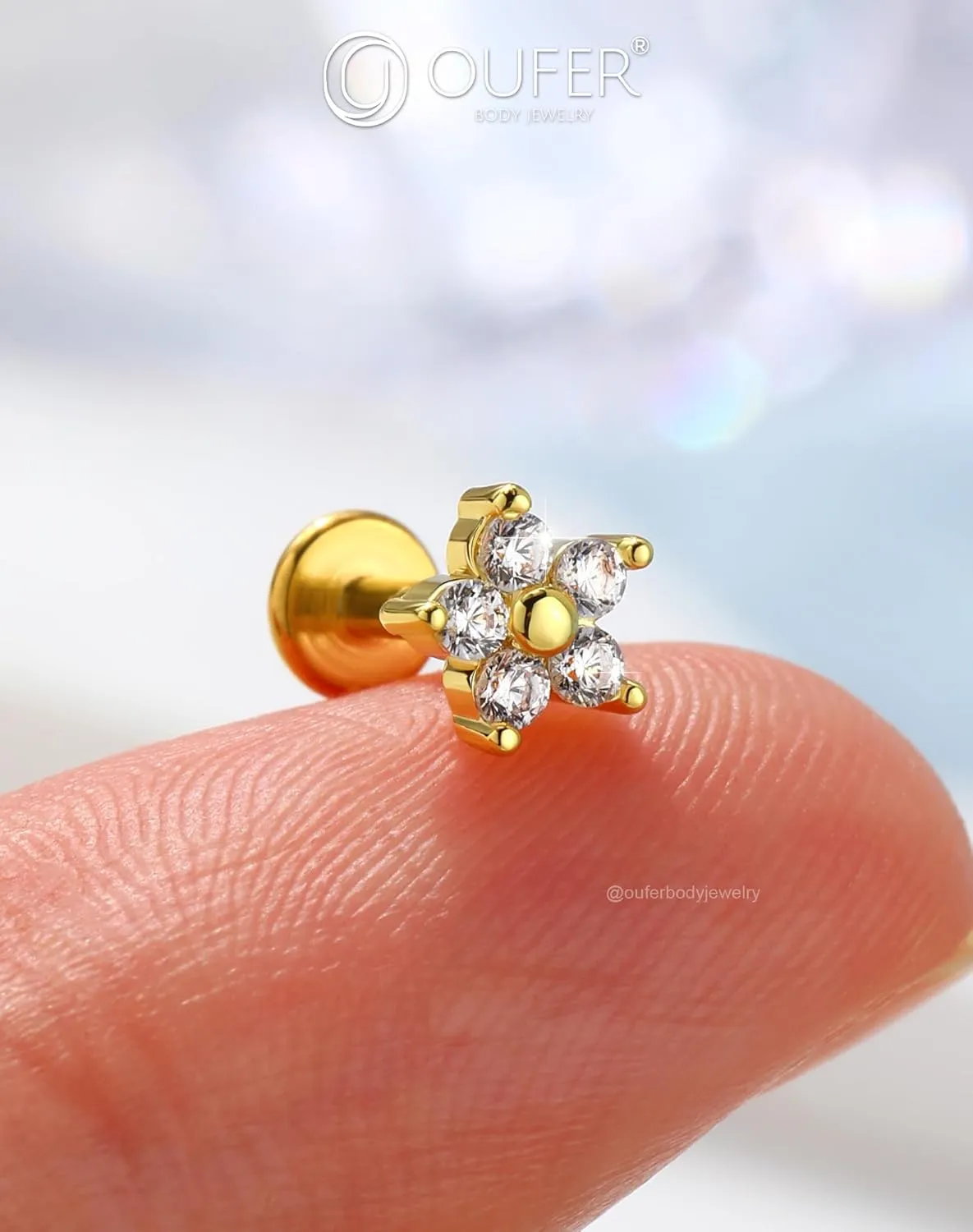 OUFER Cartilage Piercing Jewelry, Stainless Steel 16G Cartilage Earring Flat Back, Internally Threaded Lip Labret Rings Studs, Big 5MM Floral CZ Cartilage Helix Tragus Earrings for Women Men