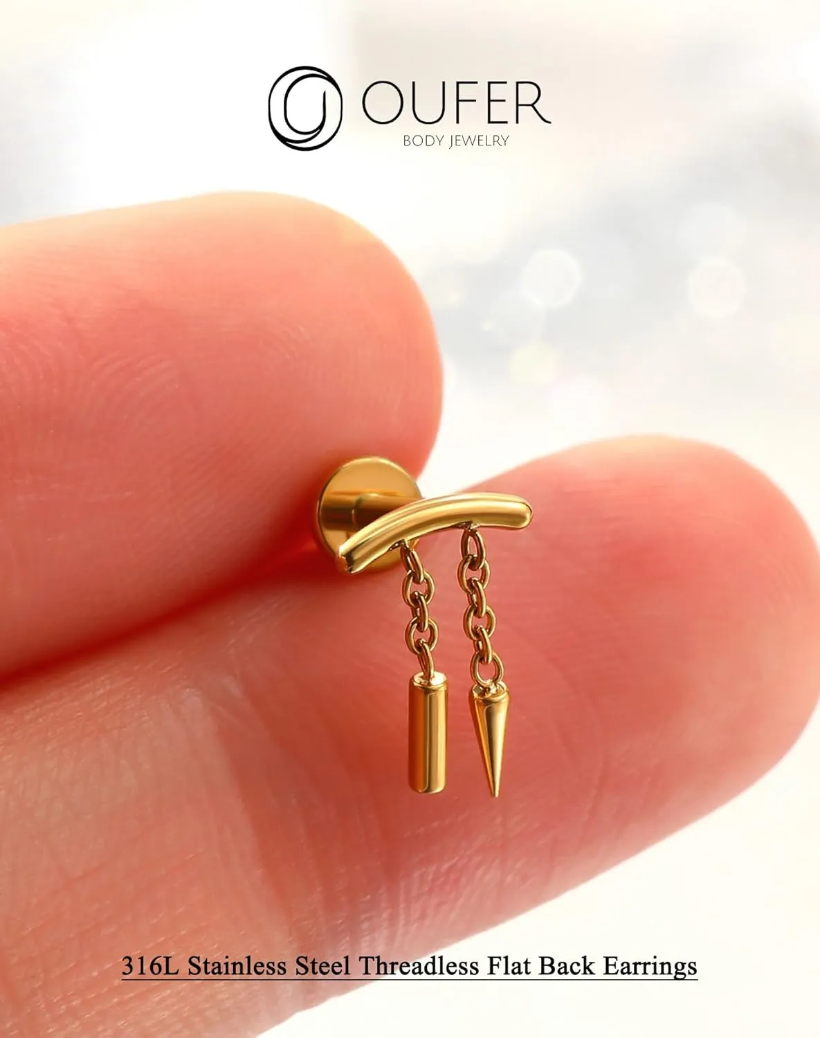 OUFER Chain Helix Piercing Jewelry, Dangle 316L Stainless Steel 16G Threadless Flat Back Piercings Helix Cartilage Piercing Jewelry for Women Men