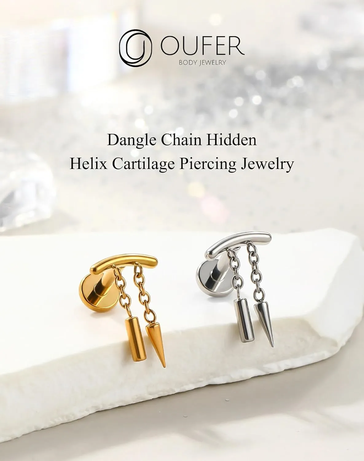 OUFER Chain Helix Piercing Jewelry, Dangle 316L Stainless Steel 16G Threadless Flat Back Piercings Helix Cartilage Piercing Jewelry for Women Men