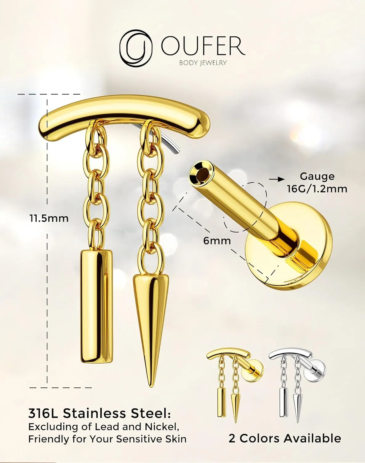 OUFER Chain Helix Piercing Jewelry, Dangle 316L Stainless Steel 16G Threadless Flat Back Piercings Helix Cartilage Piercing Jewelry for Women Men