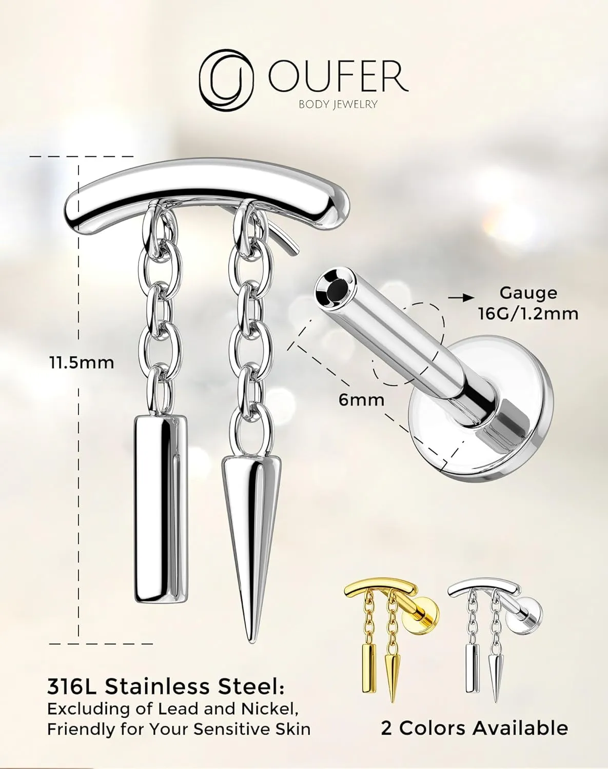OUFER Chain Helix Piercing Jewelry, Dangle 316L Stainless Steel 16G Threadless Flat Back Piercings Helix Cartilage Piercing Jewelry for Women Men